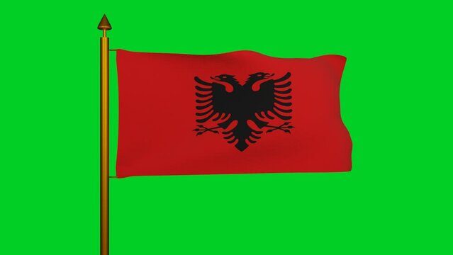 National flag of Albania waving 3D Render with flagpole on chroma key, Republic of Albania flag textile, Flamuri Kombetar or Flamuri i Republikes se Shqiperise Designed by Sadik Kaceli