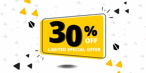 30% off limited special offer. Banner with thirty percent discount on a  white background with yellow square and black