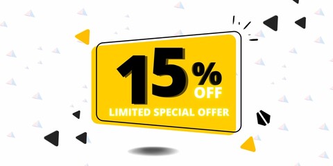 15% off limited special offer. Banner with fifteen percent discount on a  white background with yellow square and black