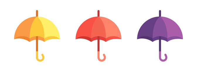Flat cartoon umbrella. Set of red, orange and purple umbrellas. Vector clipart isolated on white background.