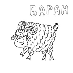 Children's coloring of a ram. The word ram is handwritten in Russian. Drawing by hand