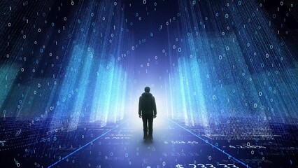 Man in digital technology city cyberspace network with binary and business data animation.