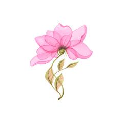 Watercolor illustration of a simple, delicate, pink flower, abstract. For decoration and design, postcards, posters, prints on clothes, patterns