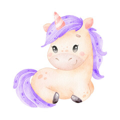 Digital watercolor. Illustration of a cute cartoon unicorn. Cute animals.