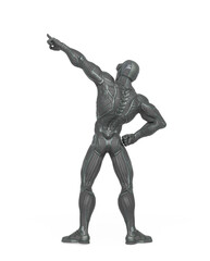 super hero is pointing up and showing the way in an exosuit rear view