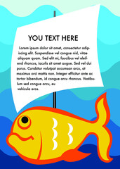 The fish is holding a sail with the inscription