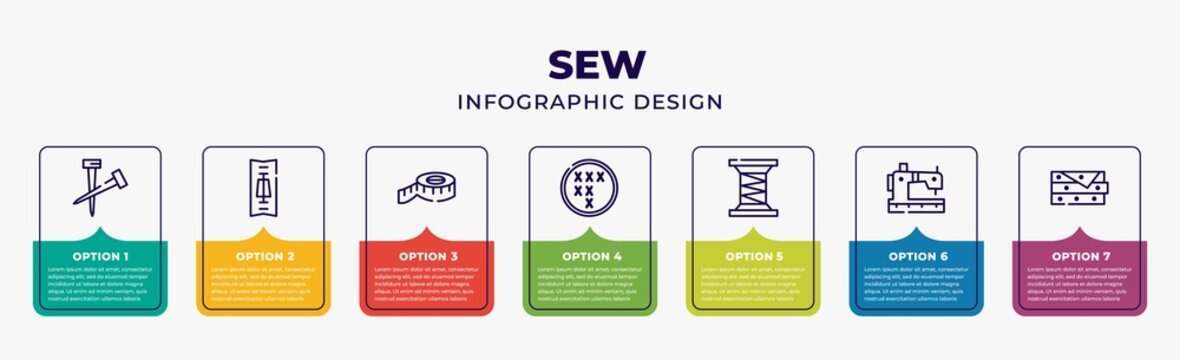 Sew Infographic Design Template With Knitting Neddles, , Measuring, Arras, Threads, Tailoring Hine, Fabrics Icons And 7 Option Or Steps. Can Be Used For Web, Banner, Layout, Info Graph.