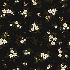 Floral pattern. Vintage flowers on black background. Printing with small white flowers and gold outline leaves. Ditsy print. Seamless vector texture. Spring bouquet. Stock vector.
