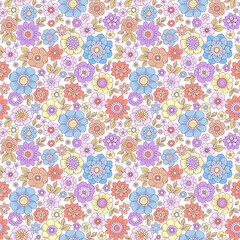 Colorful 60s -70s style retro hand drawn floral pattern. Multicolored flowers. Vintage seamless vector background. Hippie style, print for fabric, swimsuit, fashion prints and surface design. Stock.