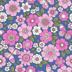 Colorful 60s -70s style retro hand drawn floral pattern. Pink flowers. Vintage seamless vector background. Hippie style, print for fabric, swimsuit, fashion prints and surface design. Stock.