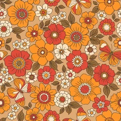 Meubelstickers Colorful 60s -70s style retro hand drawn floral pattern. Orange and red flowers. Vintage seamless vector background. Hippie style, print for fabric, swimsuit, fashion prints and surface design. Stock. © ann_and_pen