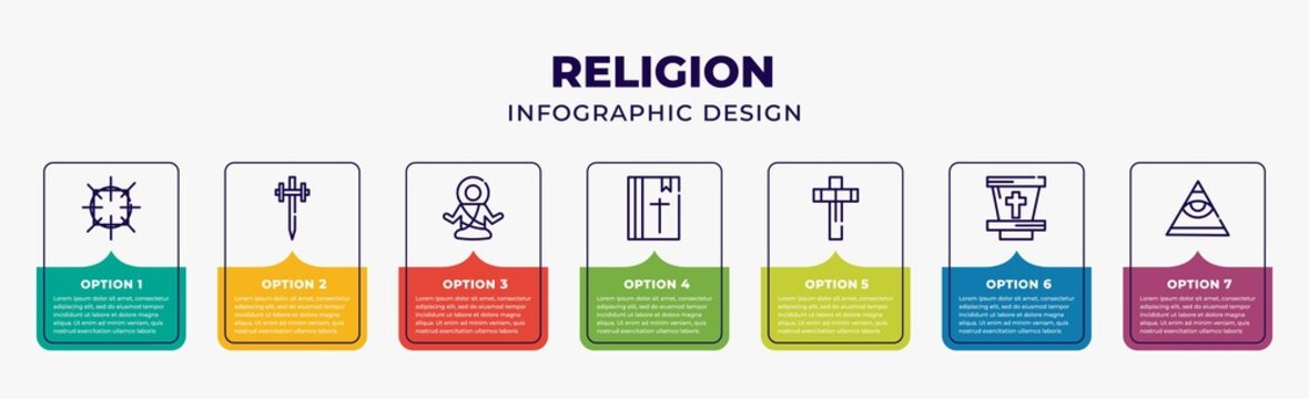 religion infographic design template with crown of thorns, aaronic order church, monk, gospel, christianity, tribune, caodaism icons and 7 option or steps. can be used for web, banner, layout, info