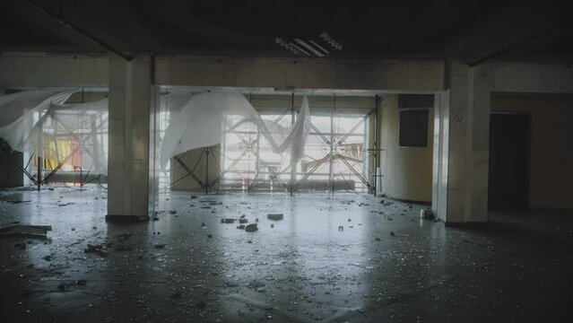 Ukraine, Borodyanka Destroyed house of culture, broken windows as a result of bombings.