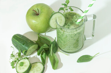 Green smoothie, cocktail with cucumber, green apple, spinach, micro-greens. Superfood,organic...