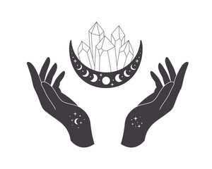 Hands with celestial mystical symbols. Mystical, esoteric or healing crystal. Linear art. Editable strokes. Vector illustration