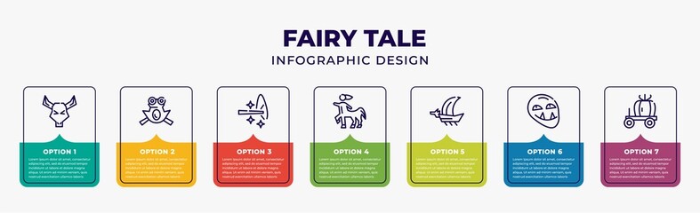 fairy tale infographic design template with minotaur, toad, magic wand, centaur, viking ship, troll, cinderella carriage icons and 7 option or steps. can be used for web, banner, layout, info graph.