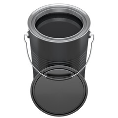 Open metal can or buckets of paint with handle on white background.