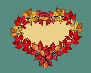 Heart autumn leaves frame, copy space. Autumn leaves background illustration, hand drawn