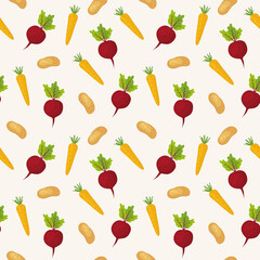 vegetable seamless pattern, top view composition of beetroots, carrots and potatoes, great for wrapping, textile, wallpaper -vector illustration