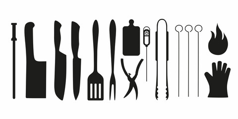 Barbecue, grill tools set. Vector stock illustration isolated on white background for design packaging, logo, menu in restaurant, butcher shop. 