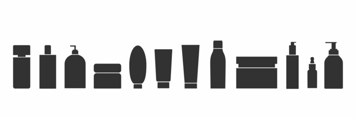 Cosmetic plastic bottle icon set for packaging design. Vector stock illustration isolated on white background for beauty industry, product label pack. 