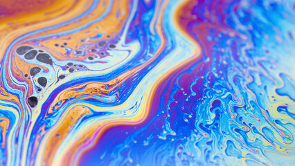 Macro photo of the texture of a soap bubble. Multicolored stripes. - obrazy, fototapety, plakaty