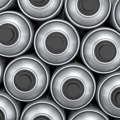Set of spray paint cans in row on white background. Spray bottle and dispenser