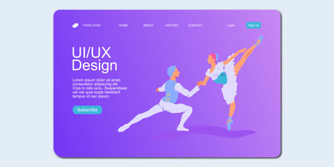 Creative website landing page with pair of ballet dancers in flat style. 