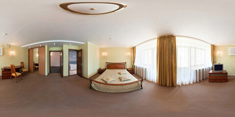 seamless 360 panorama in interior of bedroom of cheap hotel,  flat or apartments with chairs and...