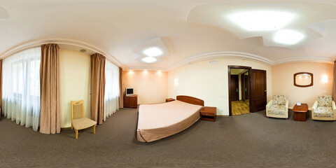 seamless 360 panorama in interior of bedroom of cheap hotel,  flat or apartments with chairs and...