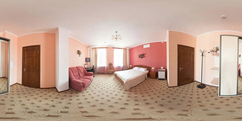 seamless 360 panorama in interior of bedroom of cheap hotel,  flat or apartments with chairs and table in equirectangular projection with zenith and nadir. VR AR content