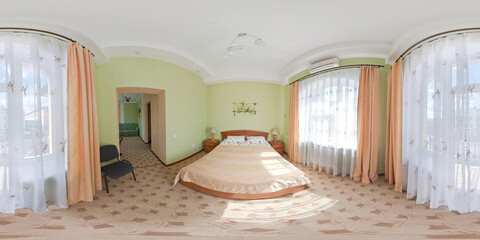 seamless 360 panorama in interior of bedroom of cheap hotel,  flat or apartments with chairs and...