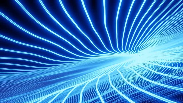 Abstract blue narrow fluctuating lines on a black background, seamless loop. Design. Abstract view inside digital screen.