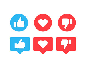 Thumbs up and down with heart like icons. Social media like dislike vector icons