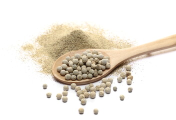 Milled and grain white pepper powder pile, peppercorn isolated on white  