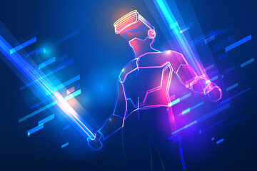 Virtual reality gaming. Man wearing vr headset and using light swords in abstract world. Glow effect with particles and neon lines - obrazy, fototapety, plakaty