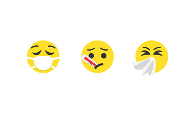 Obraz premium Sick emoji vector set. Sick emoticons Masked with thermometer and handkerchief