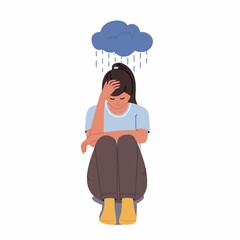 Sad, unhappy teenage girl, young woman sitting in the rain, depression concept, flat illustration isolated on white background.  Woman sitting under rain clouds