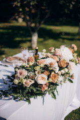 served banquet table with fresh dishes with food