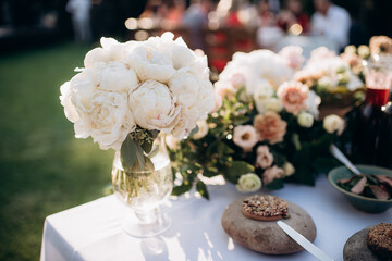 served banquet table with fresh dishes with food
