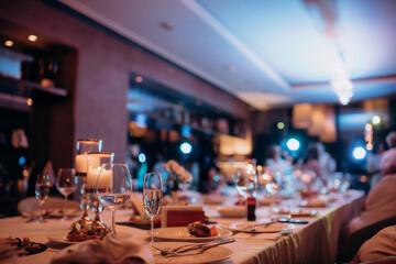 served banquet table with fresh dishes with food