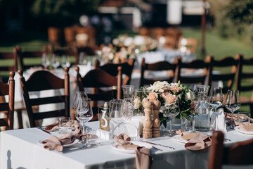 served banquet table with fresh dishes with food