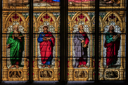 Interior of Cologne Cathedral (Cathedral Church of Saint Peter, from 1248): stained-glass window. Cologne, Germany. April 17, 2022.