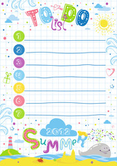Stylish Summer colorful To Do List card with whale, sea, lighthouse and funny typography  on the background of paper  sheet in vector. Cute planner,  schedule. Template for 2022 year