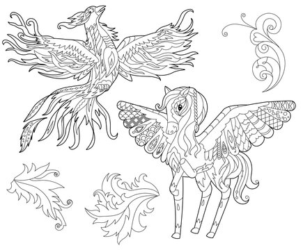 Cute fancy animals pegasus and phoenix. Doodle style, black and white background. Funny animal, coloring book pages. Hand drawn illustration in zentangle style for children and adults, tattoo.