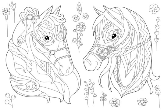 Cute animal horse. Doodle style, black and white background. Funny animal, coloring book pages. Hand drawn illustration in zentangle style for children and adults, tattoo.