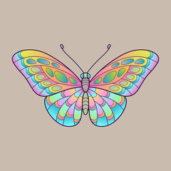 Bright Colorful Isolated Pastel Butterfly of Gradient Colors on Light Brown Background.