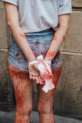 performance of women activists demonstration protest against rape and cruelty in Ukraine during the...