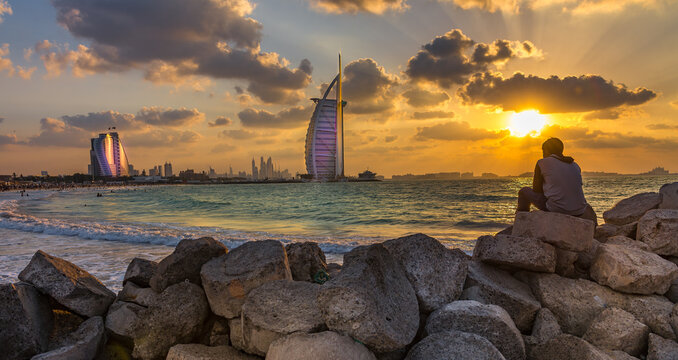 Burj Al Arab And Jumeirah Beach Hotel At The Sunset