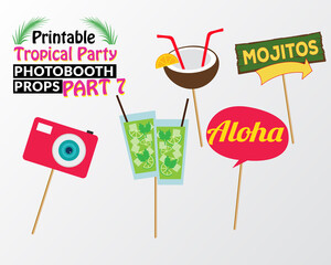 Set of printable tropical party photo booth props inspired by summer, sunshine and cruise vacations. Camera, mojitos, sign aloha, coconut juice and wooden sign mojitos. Hawaii vector elements. © Крис Ландина